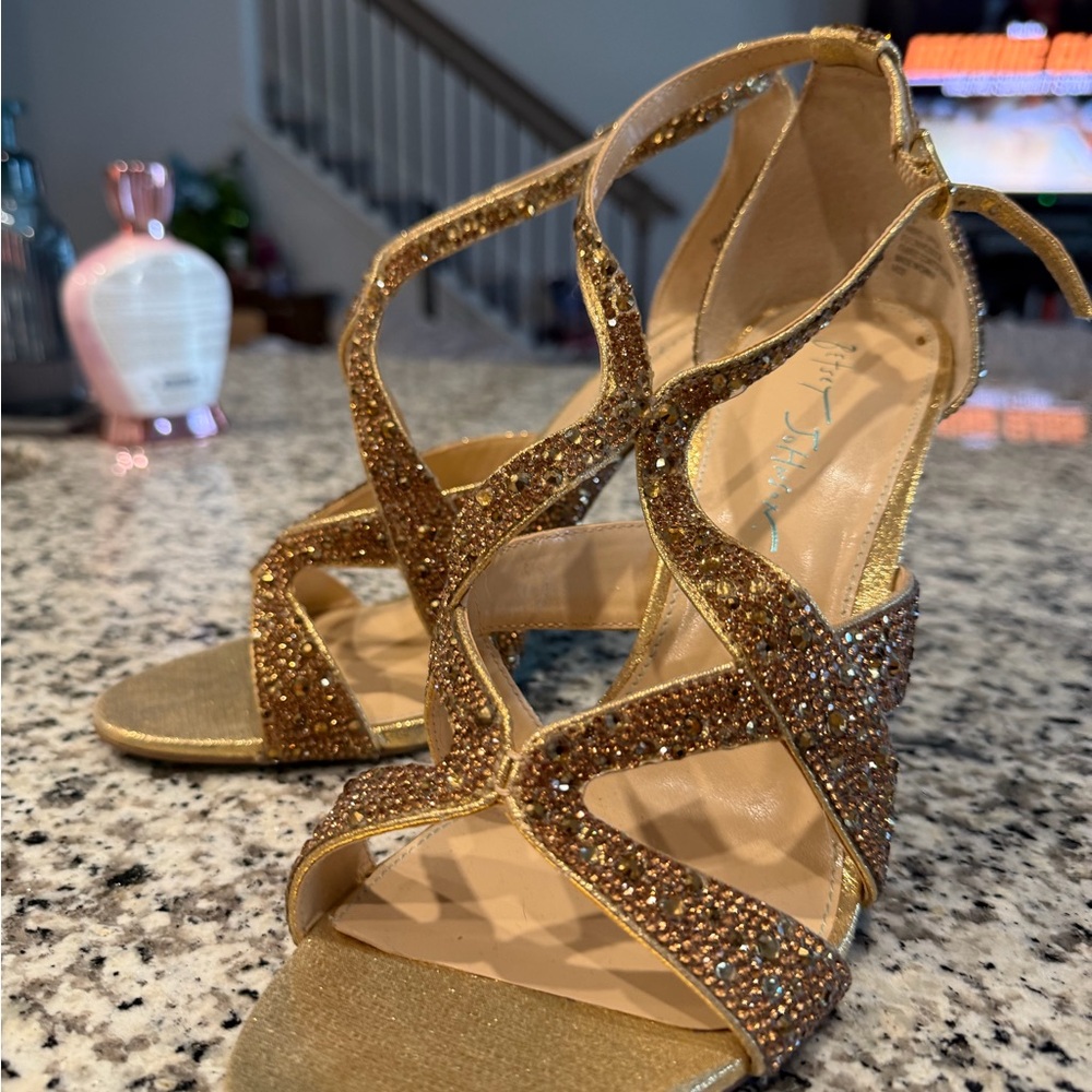 Betsey Johnson Gold Glitter Crystal Strappy Heels